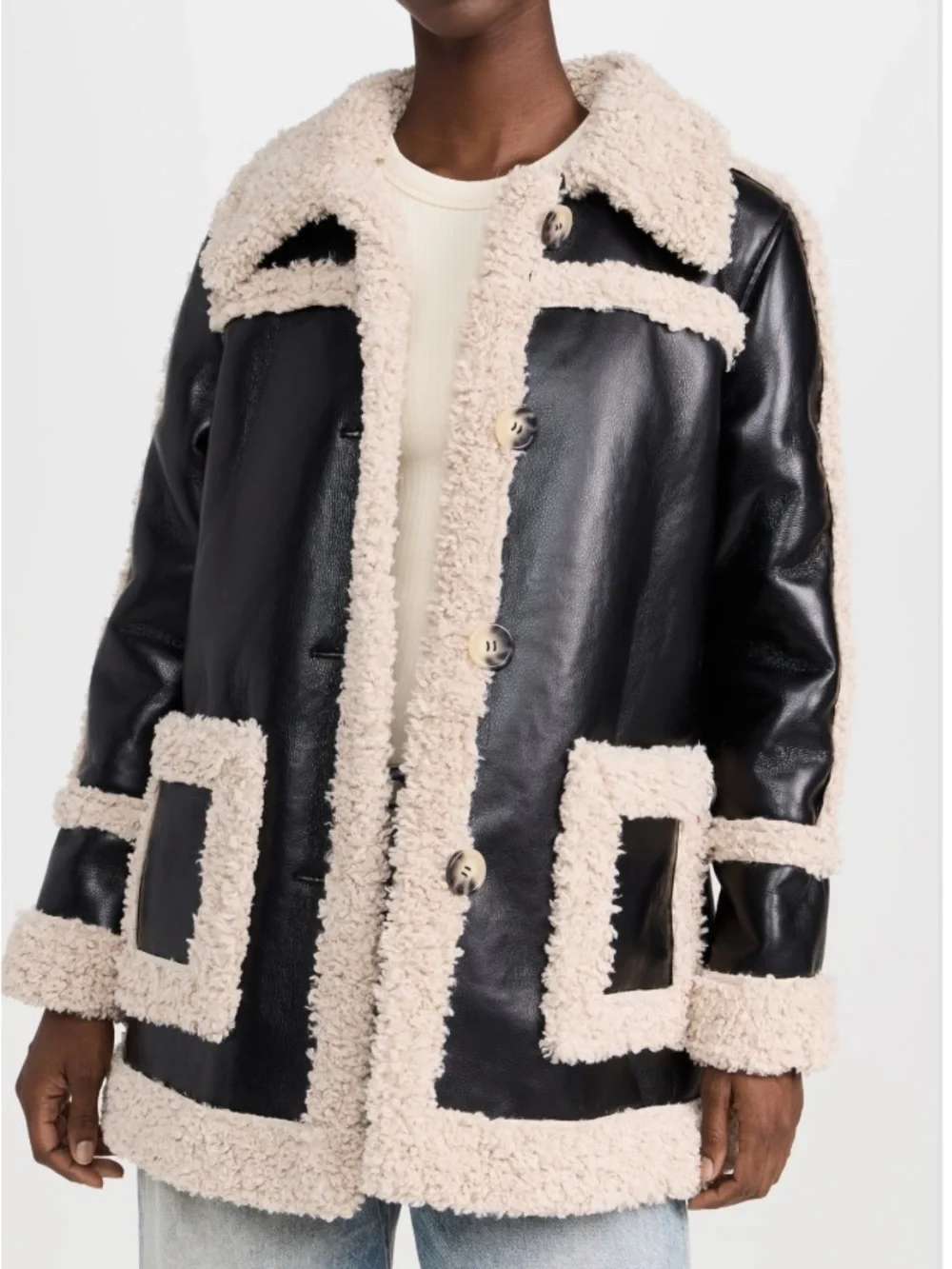 7 For All Mankind Faux Shearling Black Cream Faux Leather Longline Jacket NEW - Picture 1 of 11
